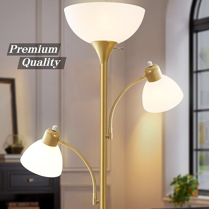 Luvkczc Floor Lamps for Living Room, 72" Tall Standing Lamps, Torchiere Lamp with 8W Adjustable Reading Lights, Modern Bright Floor Lamp for Bedroom, Office, Dresser, Gold&White, Bulbs Included