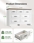Marsail Farmhouse 7 Drawer Dresser, Wood Chest of Drawers with Natural Texture, Smooth Gliding Drawers, Versatile Storage Organizer Cabinet for Bedroom & Living Room, White and Brown