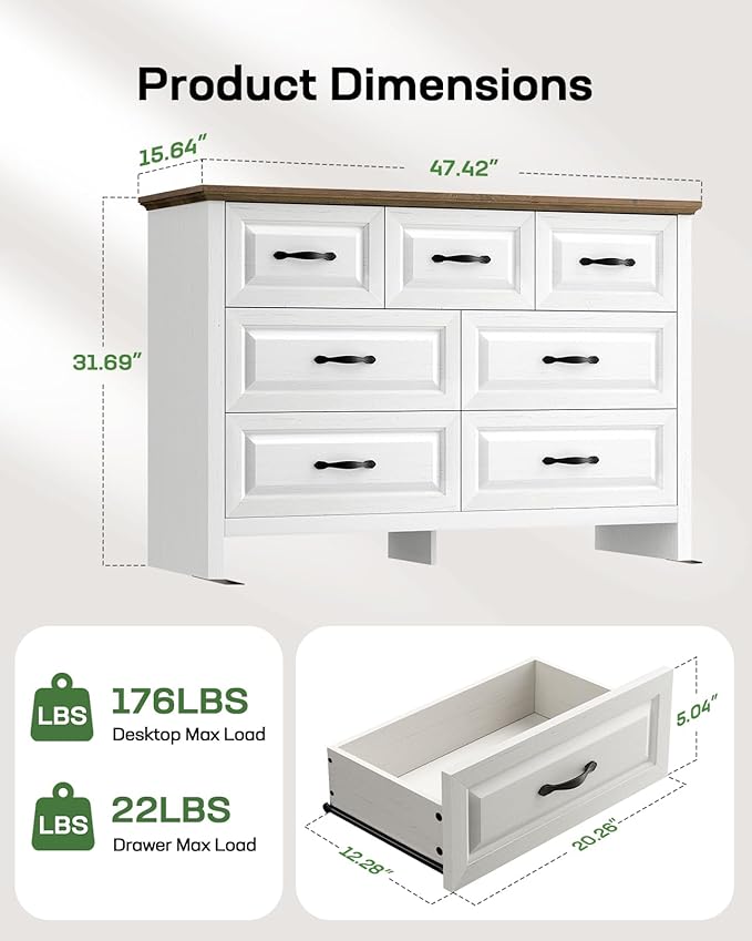 Marsail Farmhouse 7 Drawer Dresser, Wood Chest of Drawers with Natural Texture, Smooth Gliding Drawers, Versatile Storage Organizer Cabinet for Bedroom & Living Room, White and Brown