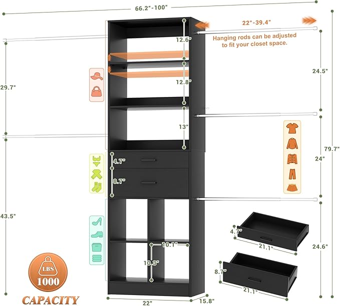 Closet System, 4-8 FT Closet Organizer Systems with 2 Wooden Drawers and 5 Hanging Rods, Can Fit 60 to 96 inch Walk-in Closet System, Black