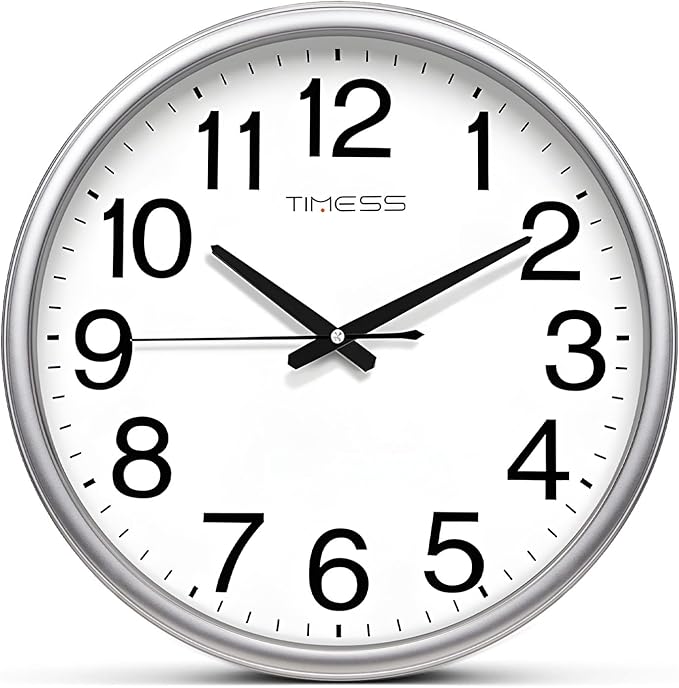Wall Clock, 13 Inch Large Dial Non-Ticking Silent Battery Operated Quality Analog, Ultra-Quiet Movement Quartz, Timeless Stylish Clock, Ideal Modern Home, Office Décor (Sliver)
