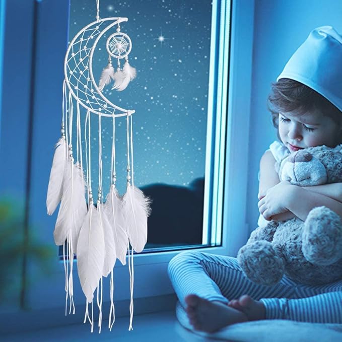 Dremisland Dream catcher New Moon Design Handmade White Feather Wall Hanging Home Decoration Ornament Craft Gift (White Moon)
