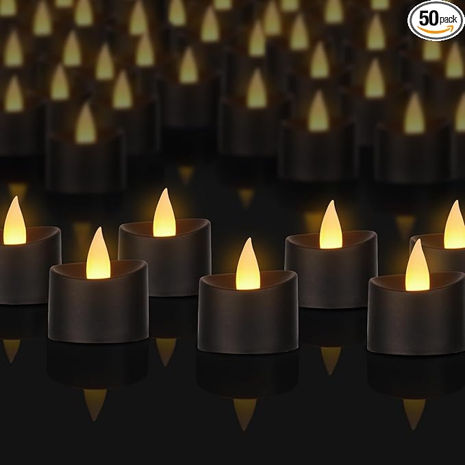 Black Flameless LED Tea Lights - 50 Pack Heavy-Duty LED Tea Lights for Large Memorials, Weddings, Events & Commercial Use (Black Base, 50 Pack)