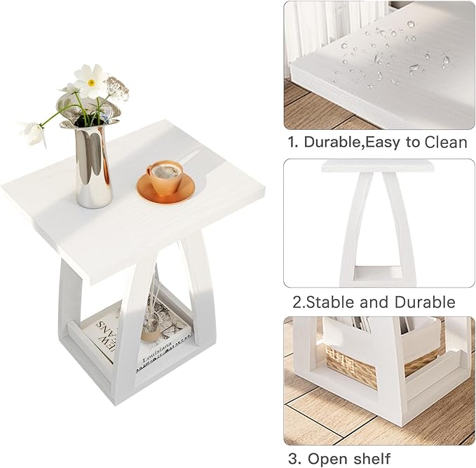 End Tables Living Room, Side Table Beside Sofa, Nightstand for Bedroom, Couch Side Table with Shelf, Modern End Table for Living Room, White End Table Set of 2