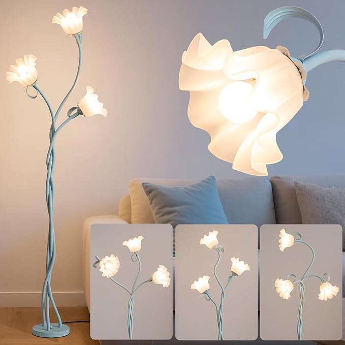 Flower Floor Lamp for Bedroom - 3 Color Temperatures Decorative LED Tall Standing Lamp for Reading with Flexible Neck for Bedroom Living Room Office Corner (Powder Blue)