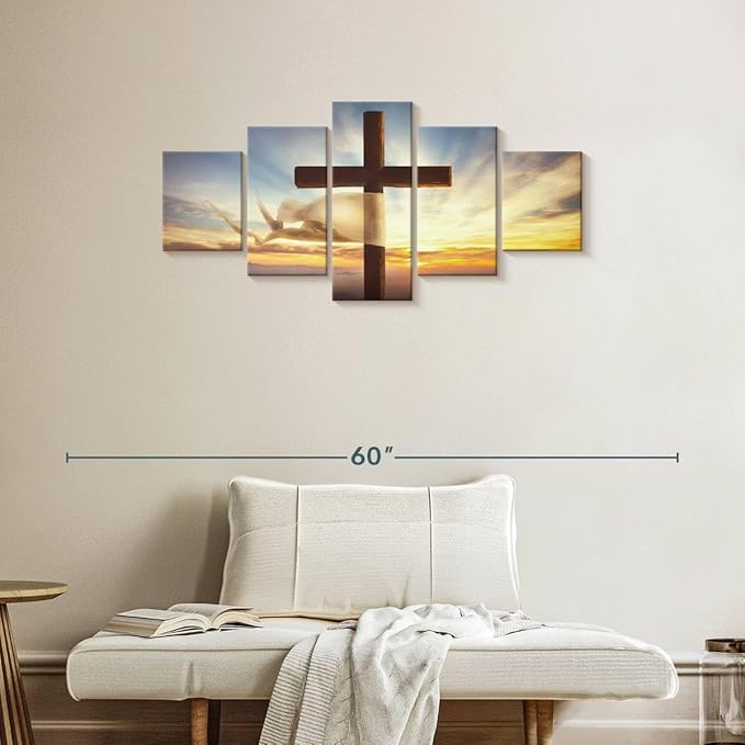 Elephant Stock Holy Cross Wall Art Multi Piece Canvas - 5 Panel Christian Pictures Decor - Digital Design Canvas Print - Christian Wall Decor - 42" X 19"