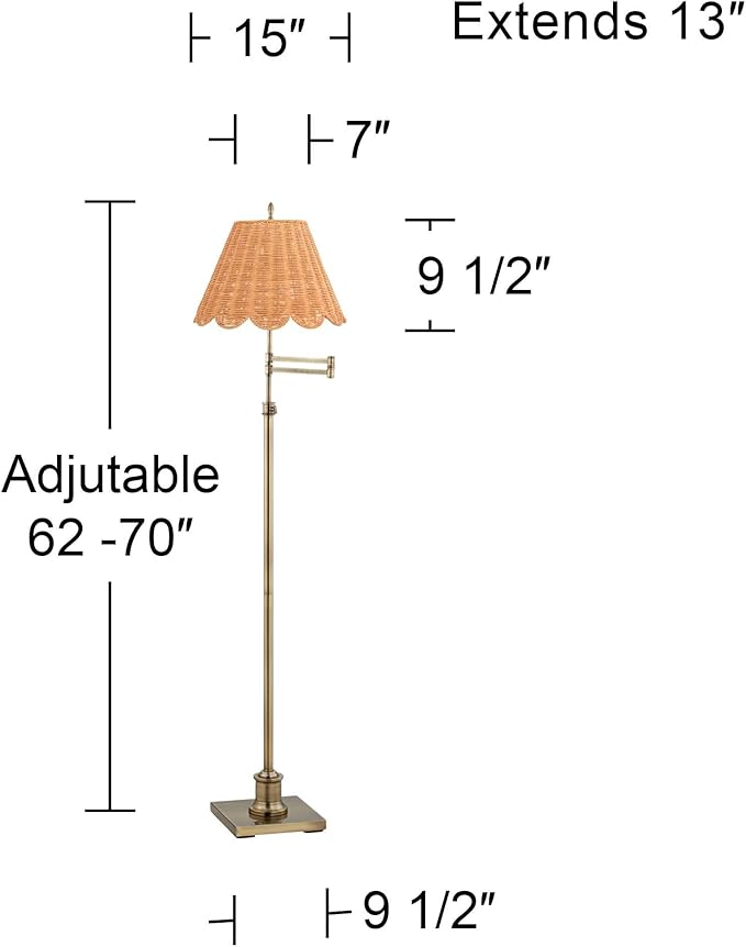 360 Lighting Westbury Modern Natural Cottage 70" Tall Standing Floor Lamp Skinny Pole Swing Arm Adjustable Gold Metal Antique Brass Finish Living Room Bedroom Reading Beige Scalloped Rattan Shade