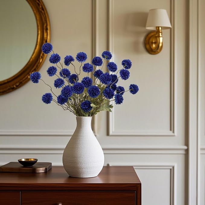 DuHouse 6pcs Artificial Flowers Faux Silk Pompon Mum,Silk Small Mini Chrysanthemum Ball with Stems for DIY Wedding Bouquets Centerpieces Vase Home Table Kitchen Decorations(Dark Blue)