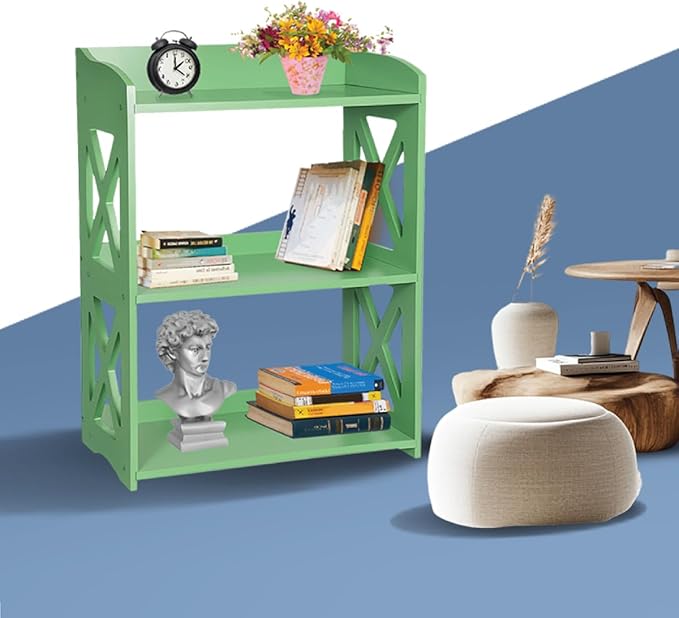 Green Bookcase by Natural Wood, 3 Tier Bookshelf, Small Book Shelves Freestanding Display Storage Shelves. Open Bookshelf for Bedroom, Living Room and Office (Green, 3 Tier)