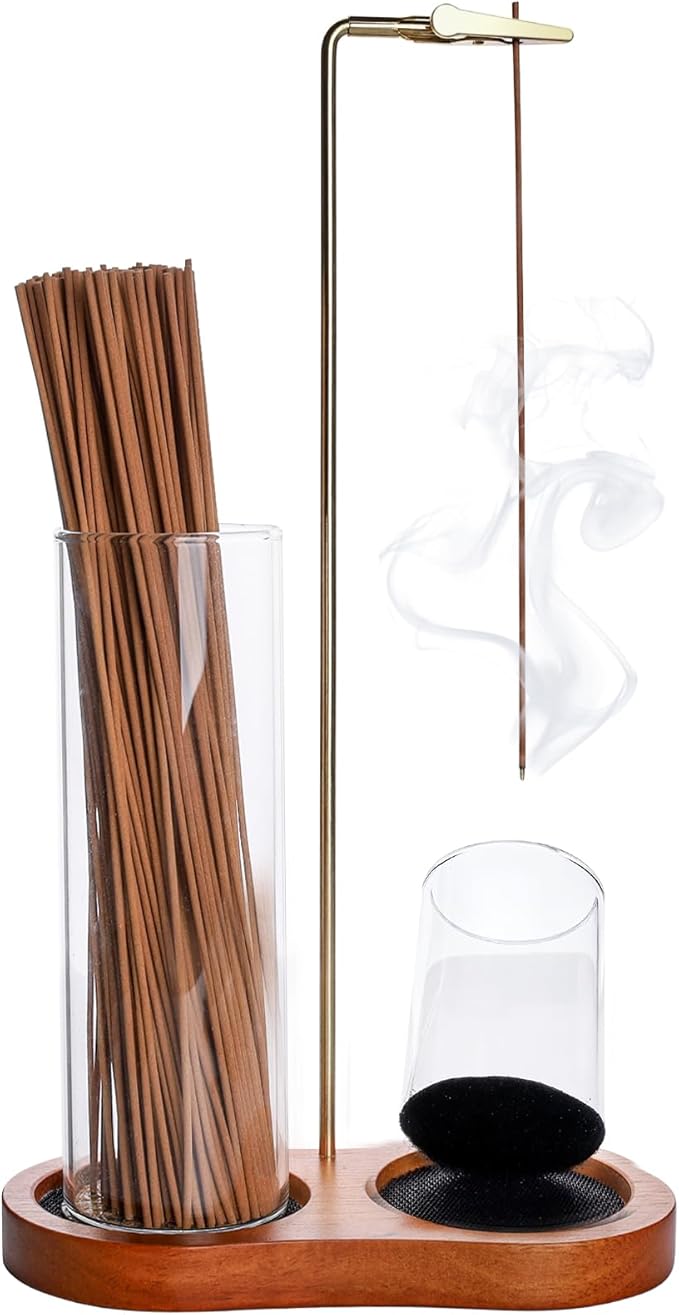 Incense Holder for Sticks,Glass Cups Doesn't Fall Over with Adhesive-Backed Hook and Loop Fastener,2 in-1 Incense Sticks Holder for Meditation, Yoga, Spa,Decor (Dark Wood Base)