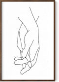 Holding Hands Wall Art Interlocking Fingers Connection Continuous Line Drawing 24x36 Inch Oak Wood Walnut Framed Modern Minimalist Unity Print for Bedroom