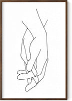 Holding Hands Wall Art Interlocking Fingers Connection Continuous Line Drawing 24x36 Inch Oak Wood Walnut Framed Modern Minimalist Unity Print for Bedroom
