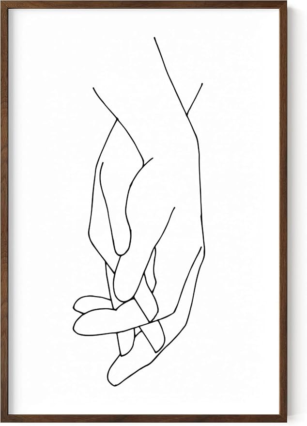 Holding Hands Wall Art Interlocking Fingers Connection Continuous Line Drawing 24x36 Inch Oak Wood Walnut Framed Modern Minimalist Unity Print for Bedroom