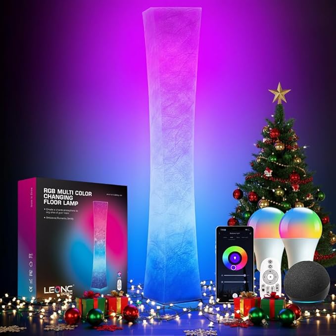 LEONC RGB+CCT Floor Lamp with Remote, 1800lm LED Tuya Smart 9W×2 Bulbs, 65" Smart Modern Floor Lamp with Alexa, Music Sync and 16 Million Colors, Color Changing Standing Lamp for Bedroom Living Room