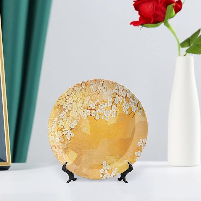 Decorative Plates, Asian Print Ornament, Japanese Cherry Blossom Tree Branches, 6 Inch, Kitchen Wall Decor, Marigold Cream