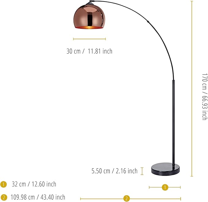 Teamson Home Arquer 66.93" Arc Floor Lamp for Living Rooms, Home Offices, Dining Rooms, Bedrooms with Faux Black Marble Base and Rose Gold Bell Shade