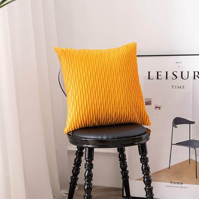 Fall Golden Yellow Couch Pillow Covers: 2 Pack 22x22 Inch Original Striped Velvet Square Throw Pillow Cases for Farmhouse Home Decor