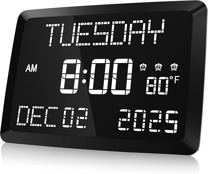 Raynic Digital Clock, 11.5" Large Display Calendar Clock with Day and Date, Indoor Temperature, Adjustable Brightness, Snooze,12/24H, DST for Home, Office, Elderly