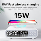 IHAO 5in1 Alarm Clock with Wireless Charging Night Light 15W Fast Charger for Phone and Headphone, LED Digital Display with Date & Temperature, Dimmable for Bedroom & Office-D15 Clock White