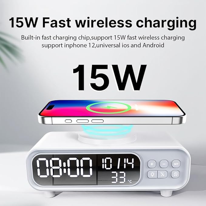 IHAO 5in1 Alarm Clock with Wireless Charging Night Light 15W Fast Charger for Phone and Headphone, LED Digital Display with Date & Temperature, Dimmable for Bedroom & Office-D15 Clock White