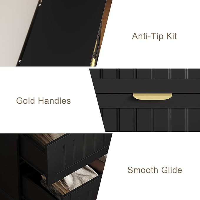 6 Wooden Drawer Dresser for Bedroom Storage, Modern Farmhouse Wood Chest of Drawers with Metal Handles, Wide Storage Cabinet for Closet, Living Room, or Entryway Black