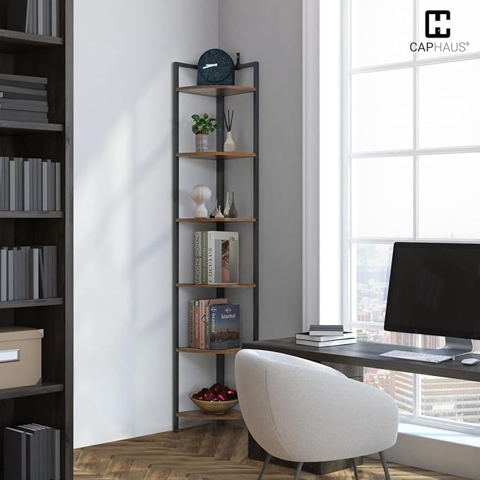 CAPHAUS 6 Tier Corner Shelf, 71.1-Inch Tall Corner Bookshelf, Corner Display Rack with Metal Frame, Round Corner Shelf Unit Rack, Tall Corner Stand for Bathroom, Living Room, Home, Office, Rustic Oak
