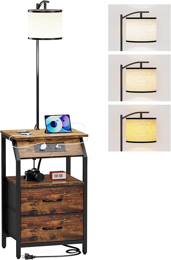 End Table with Floor Lamp, Nightstand with Charging Station, Floor Lamp Table with 3-Color Temperature Bulb, Bedside Table Night Stand with 2 Drawers for Bedroom, Living Room, Brown