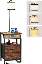 End Table with Floor Lamp, Nightstand with Charging Station, Floor Lamp Table with 3-Color Temperature Bulb, Bedside Table Night Stand with 2 Drawers for Bedroom, Living Room, Brown