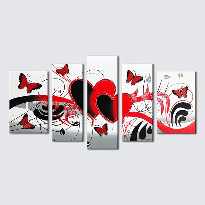 Wieco Art Red Flower Love Butterfly Abstract Oil Paintings on Canvas Wall Art Ready to Hang for Living Room Bedroom Home Decorations Modern 5 Panels Stretched and Framed 100% Hand Painted Artwork