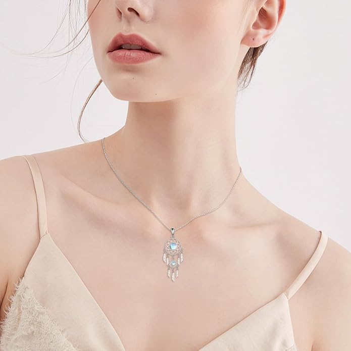 Dream Catcher Necklace Sterling Silver Moonstone Tree of Life Necklace for Women Dream Catcher Jewelry Gifts