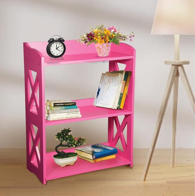 Pink Bookcase by Natural Wood, 3 Tier Bookshelf, Small Book Shelves Freestanding Display Storage Shelves. Open Bookshelf for Bedroom, Living Room and Office (Pink, 3 Tier)