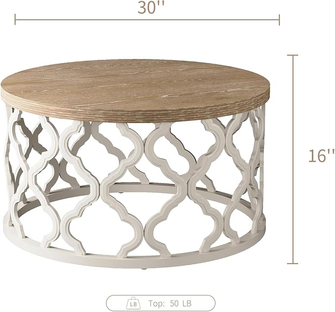 karlott Farmhouse Coffee Table, French Country Round Coffee Table, Coastal Coffee Tables with Distressed Top, Boho Center Table with Curved Motif Frame Base for Living Room, Dining Room, Bedroom