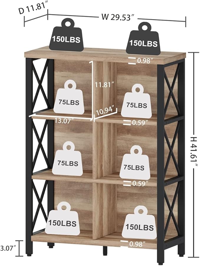 FATORRI Bookcase, 6 Cube Storage Organizer Shelf, Wood and Metal Cubby Book Shelf, Industrial 4 Tier Cube Bookshelf (Rustic Oak)