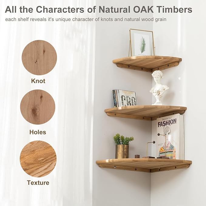 Corner Shelf, Solid Oak Wood Floating Corner Shelf Wall Mount Round End Floating Speaker Shelves with Wire Hole for Small Plant Photo Frame for Bedroom Kitchen, Living Room (Oak, 7.1in)