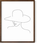 Elegant Woman in Hat Wall Art Minimalist Feminine Profile Continuous Line Drawing 8x10 Inch Oak Wood Walnut Framed Chic Fashion Print for Vanity Bedroom