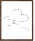 Elegant Woman in Hat Wall Art Minimalist Feminine Profile Continuous Line Drawing 8x10 Inch Oak Wood Walnut Framed Chic Fashion Print for Vanity Bedroom