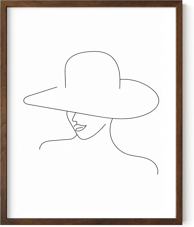 Elegant Woman in Hat Wall Art Minimalist Feminine Profile Continuous Line Drawing 8x10 Inch Oak Wood Walnut Framed Chic Fashion Print for Vanity Bedroom