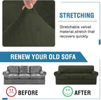 H.VERSAILTEX Sofa Cover 4 Piece T Cushion Sofa Slipcovers Thick Velvet Couch Cover Stretch T Cushion Sofa Covers for 3 Cushion Couch with 3 Individual T Cushion Covers, Olive