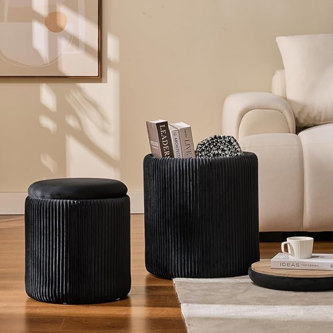 Round Set of 2 Ottoman with Storage-Upholstered Velvet Vanity Stool for MakeupMultifunctional Ottomans Coffee Table Padded Seat Foot Rest for Living Room&Bedroom (Black)