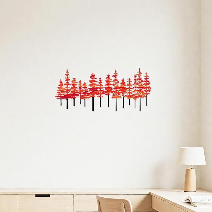 Metal Pine Tree Wall Art Decor Nature Home Decor Cedar Trees Metal Sign Wall Decorations for Living Room, Forest Decor, Nature Lover Gift (Black Red)