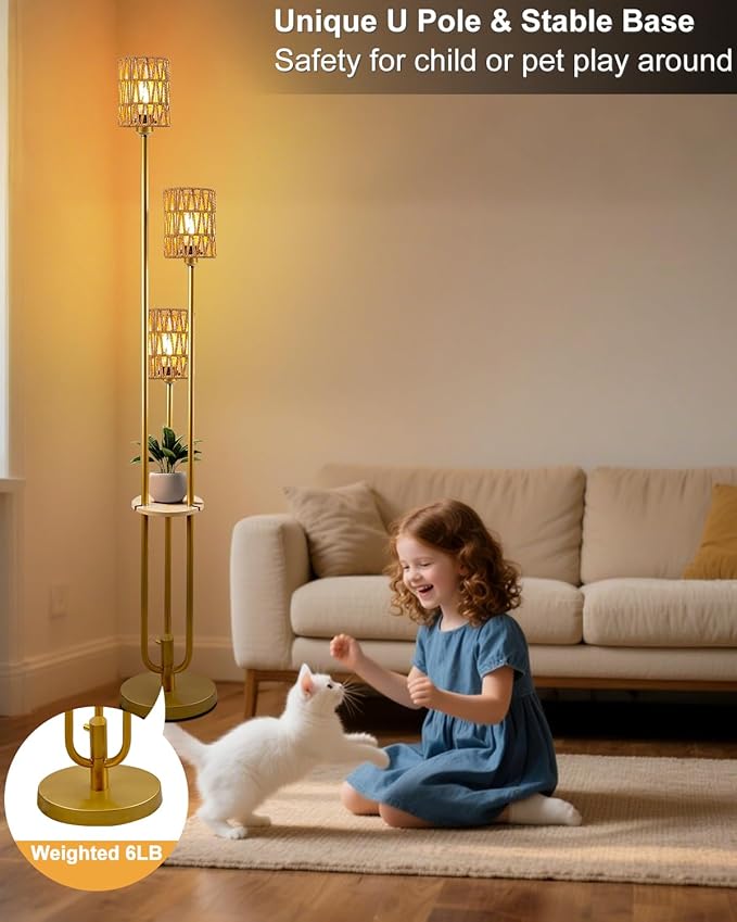 Lightdot Dimmable Boho Floor Lamps with Table, 3-Lights Rattan Floor Lamp 3000K Warmwhite Farmhouse Floor Lamp, Rustic Gold Standing Lamp for Living Room/Sofa Beside/Corner Decor(Bulbs Included