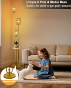 Lightdot Dimmable Boho Floor Lamps with Table, 3-Lights Rattan Floor Lamp 3000K Warmwhite Farmhouse Floor Lamp, Rustic Gold Standing Lamp for Living Room/Sofa Beside/Corner Decor(Bulbs Included