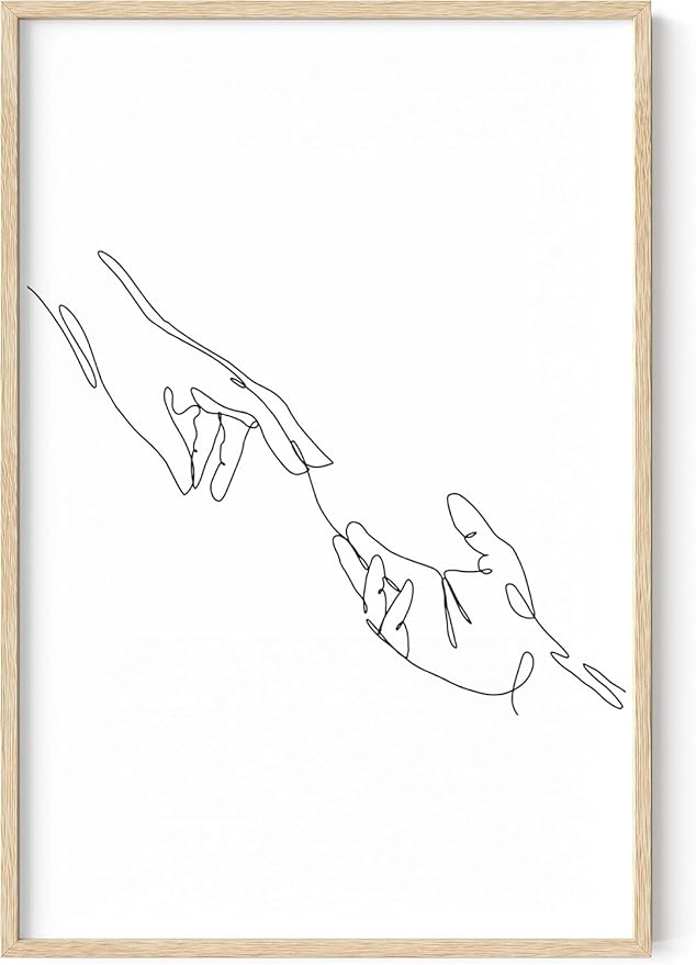 Minimalist Reaching Hands Wall Art Continuous Line Drawing Connection Symbol 24x36 Inch Oak Wood Beige Framed Aesthetic Modern Decor Print for Bedroom Living Room