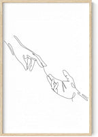 Minimalist Reaching Hands Wall Art Continuous Line Drawing Connection Symbol 24x36 Inch Oak Wood Beige Framed Aesthetic Modern Decor Print for Bedroom Living Room