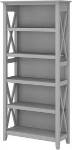 Bush Home Tall 5 Shelf Bookcase for Living Room or Home Office, Large Bookshelf, Modern Farmhouse Style, Key West Collection, Cape Cod Gray