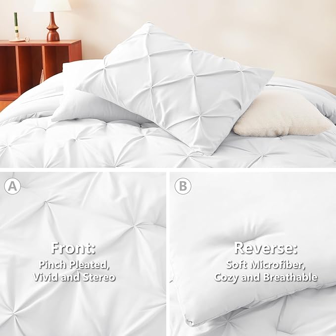 CozyLux Twin Comforter Set with Sheets White, 5 Pieces Pintuck Bed in A Bag, Twin Bed Set Gift for Family, Pinch Pleat Bedding Set with Comforter, Sheets, Pillowcase & Sham