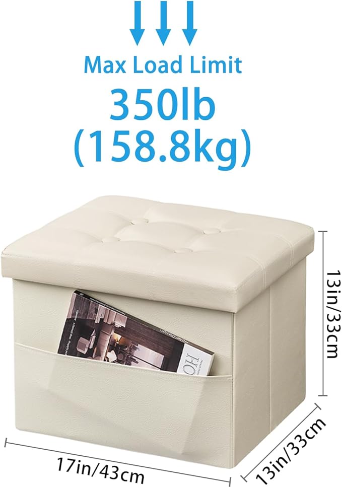 Ottoman with Storage Foot Stool, 17 Inches Folding Storage Ottoman, Leather Upholstered Ottomans Foot Rest with Side Pockets, Suitable for Living Room, Bedroom, Cafe, Beige