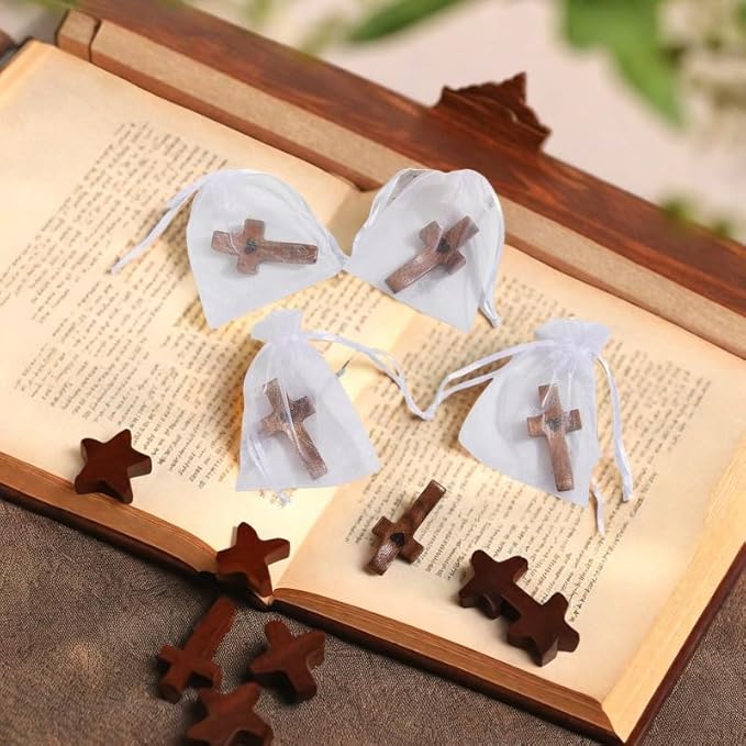 Handmade 3Pcs Pocket Wooden Cross Fidget with Organza Bags - Stress Relief Cross My Heart for Christian, Religious Easter Day Gifts