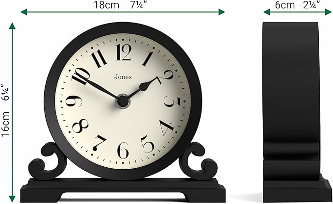 JONES CLOCKS® Saloon Mantel Clock | Traditional Double Scroll Design | Black | Contemporary Classic Style for Desk, Table, Shelf or Bedside