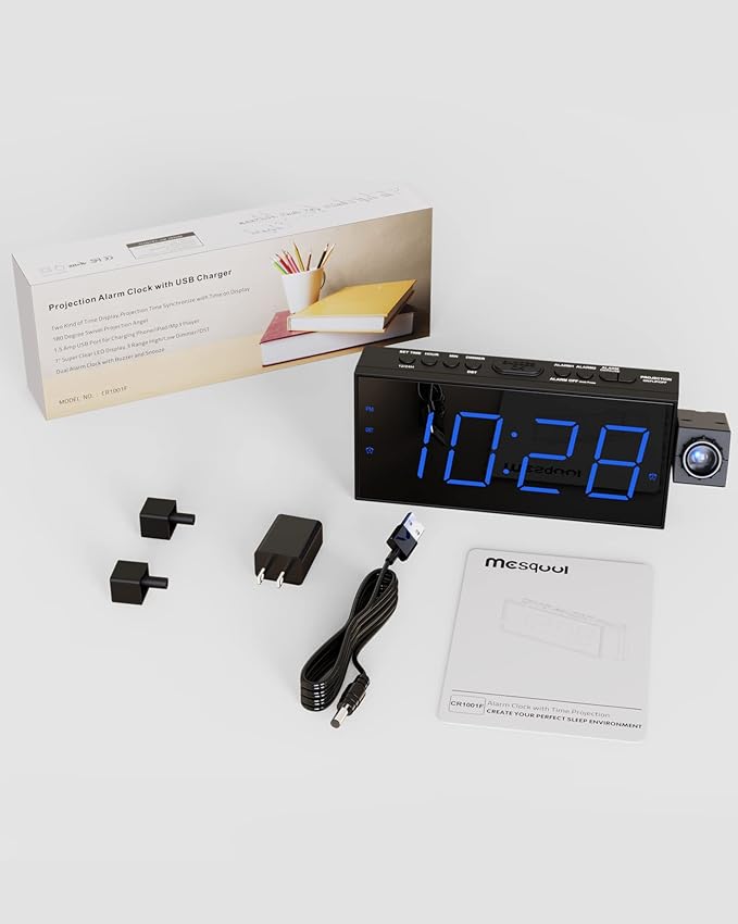 Digital Projection Alarm Clocks for Bedrooms - Large LED Display, 180° Rotatable Projector, 5-Level Dimmer,USB Charger,Battery Backup,Loud Dual Alarms for Kids Elderly,Heavy Sleepers,Snooze,12/24H,DST